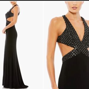 NWT Mac Duggal Floral Sequined Criss Cross Bodice Gown Size 12 Black Cutout